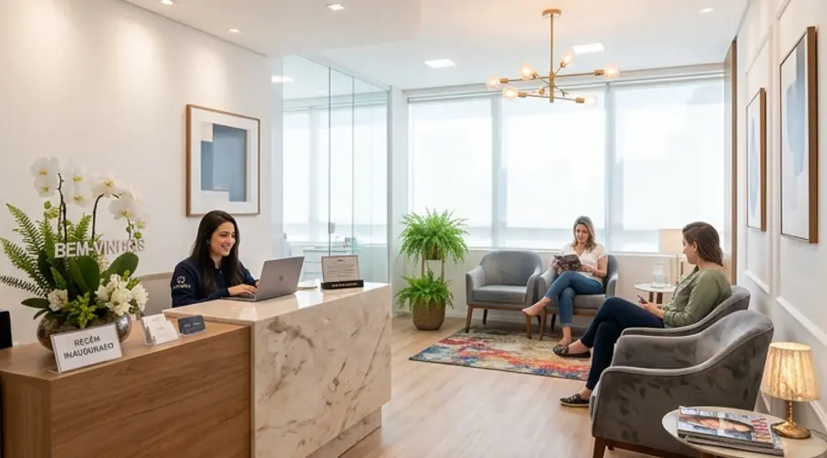 Recepção de consultório de saúde recém-inaugurado, com sala de espera acolhedora